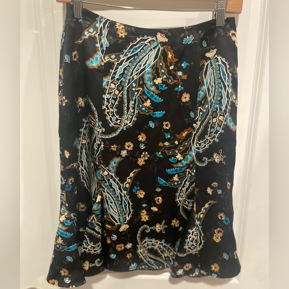 INC International Concepts Black and Blue Floral Patterned Silk A-Line‎ Skirt